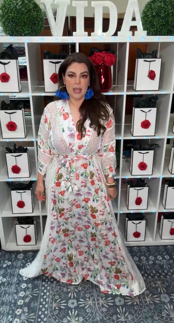 Vestido Blanco Multi Flor con Encaje Maxi Cintura Stretch (#144)