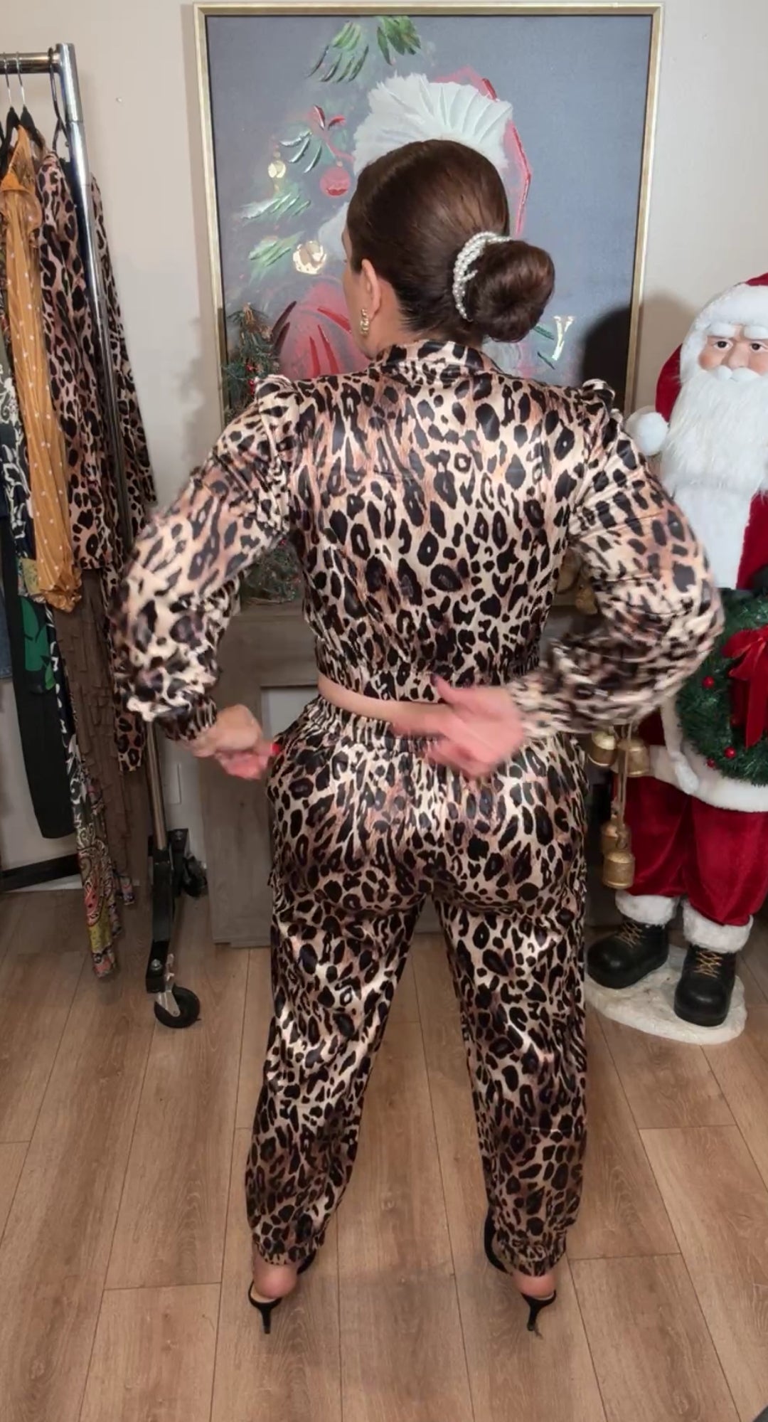 Set negro y mocha leopardo satinado chamarra y pants stretch (#119)