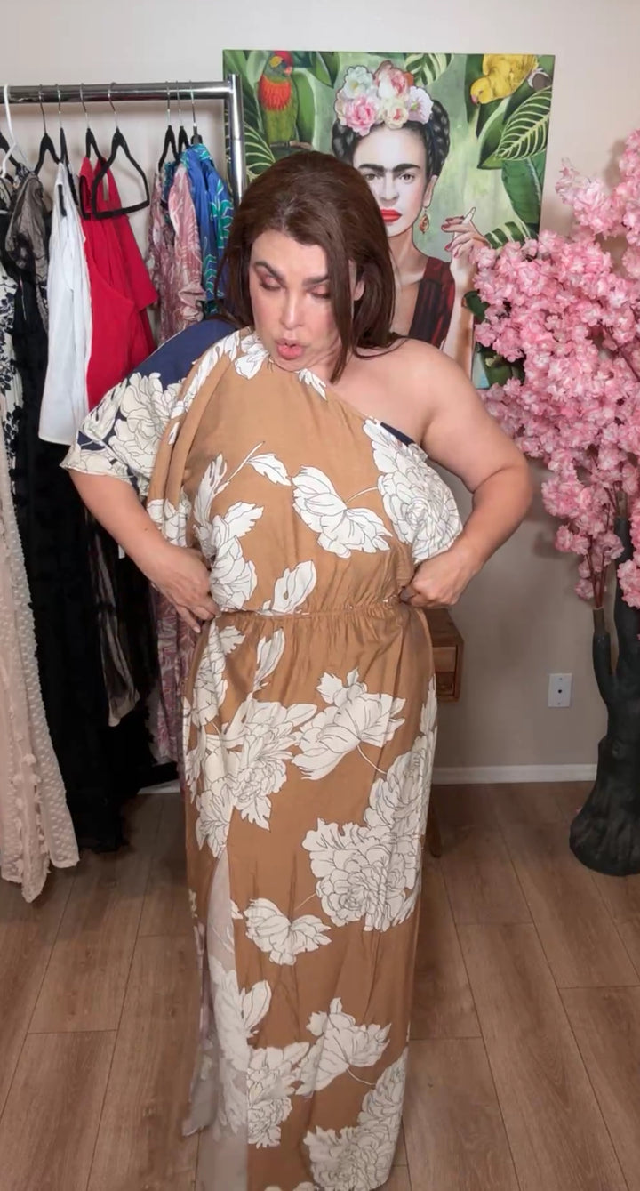 Vestido Mocha Y Beige Floral One Shoulder Maxi (#166)