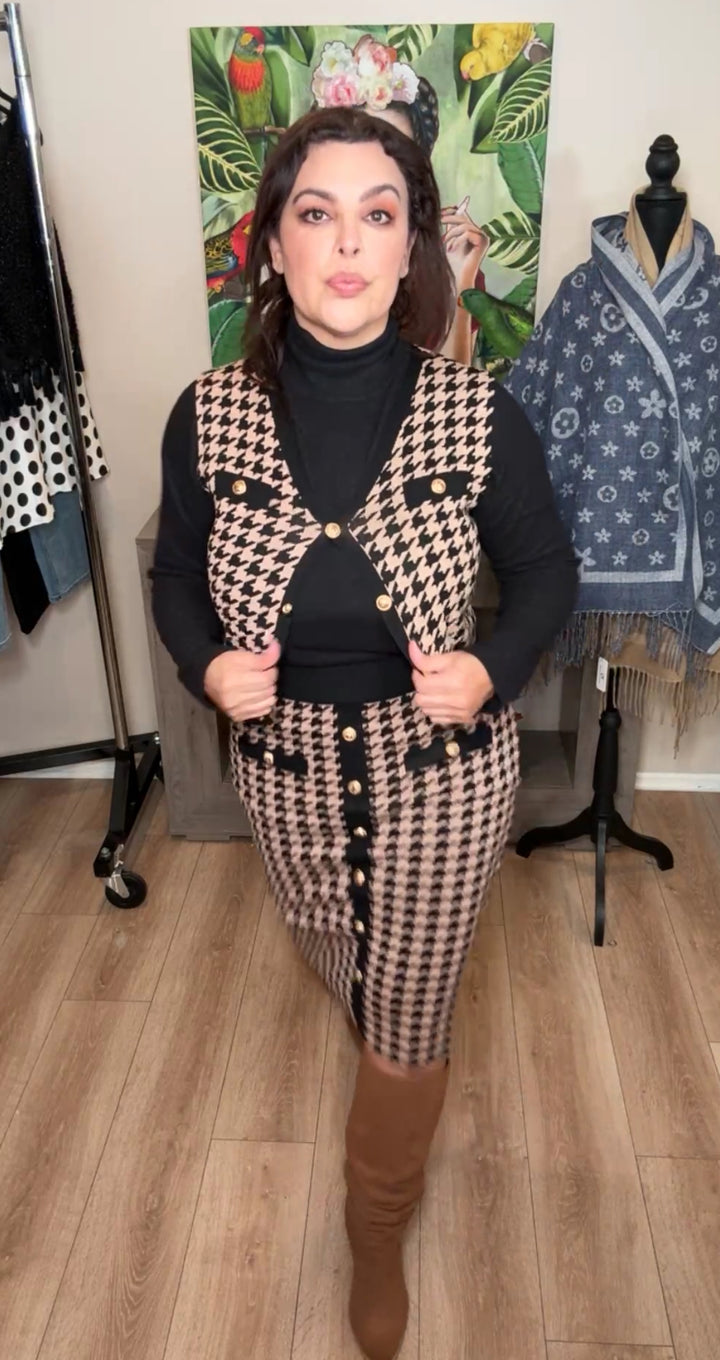 Set mocha y negro houndstooth de punto falda lápiz stretch (#135)