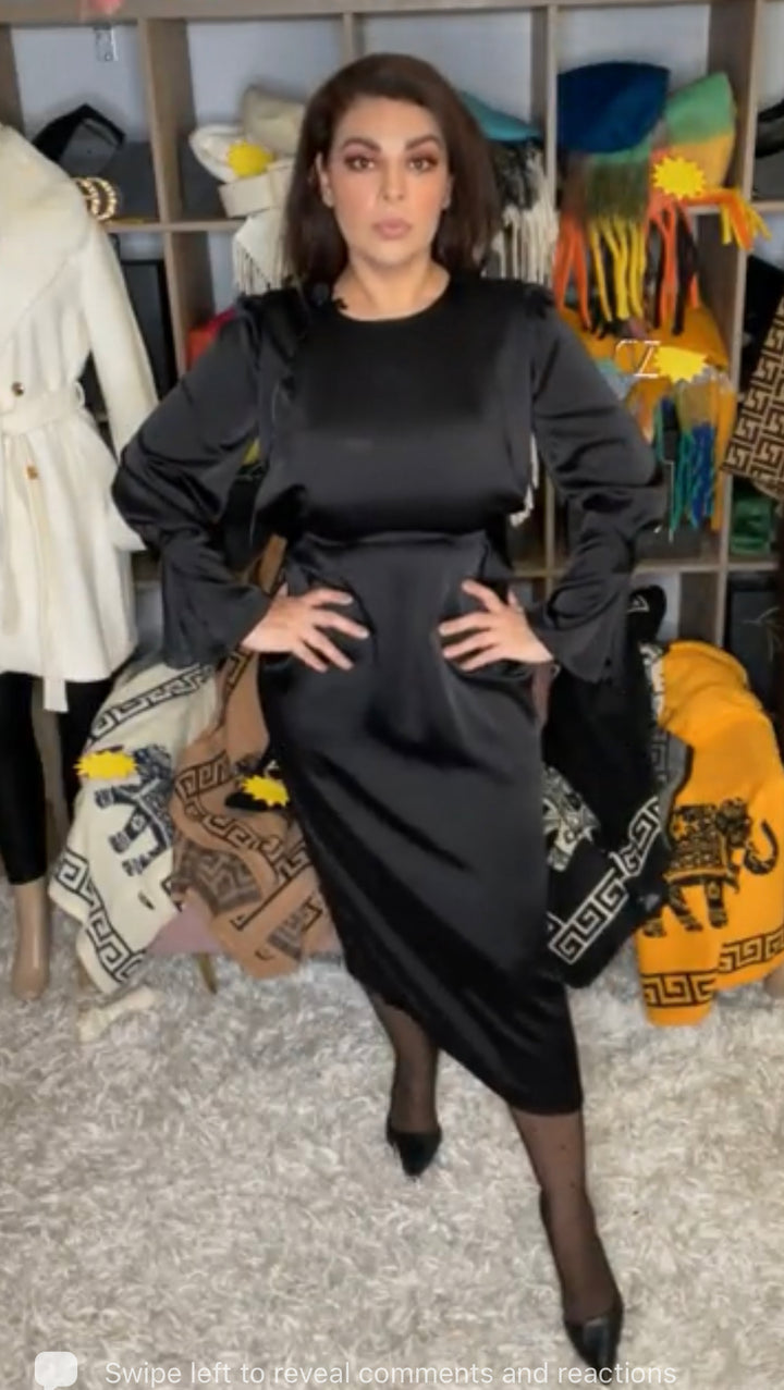 Vestido Negro Satinado Nudo Midi (#186)