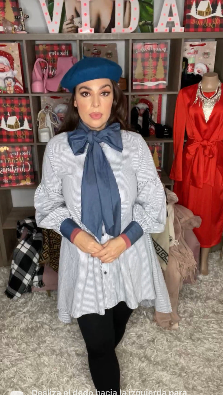 Vestido Blanco y Azul Rayas Moño Cuello (#165)