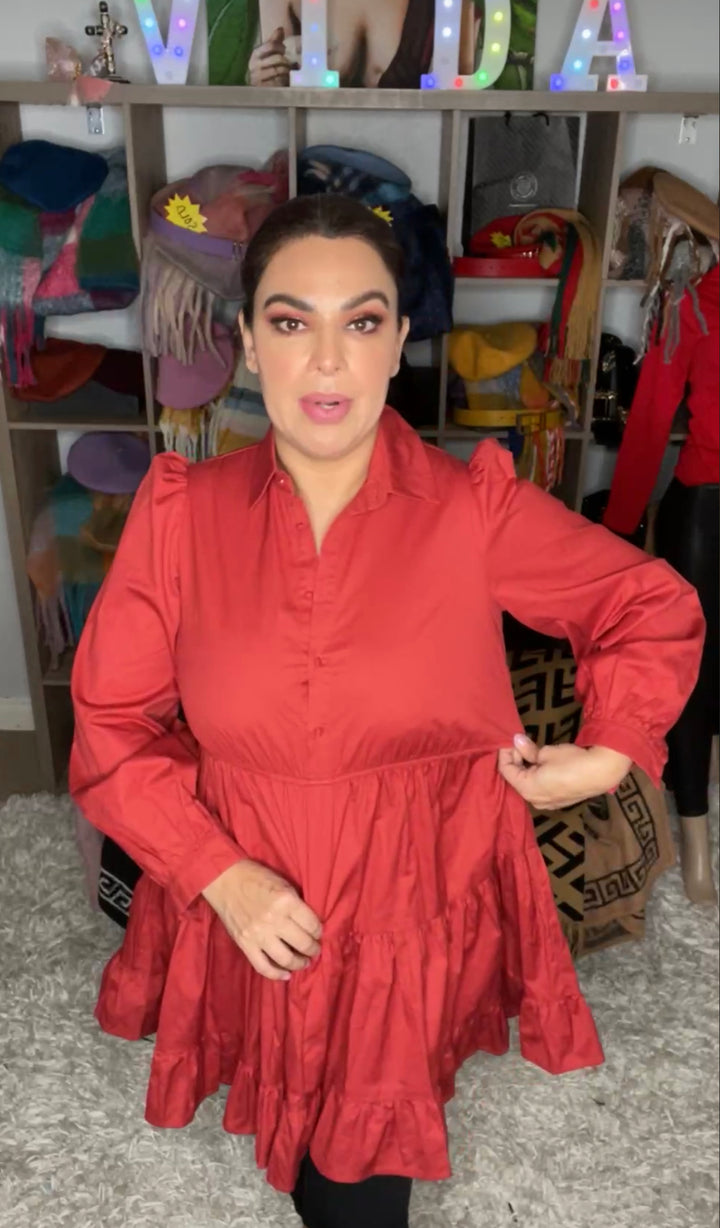 Vestido Ladrillo Tipo Camisa De Vuelo