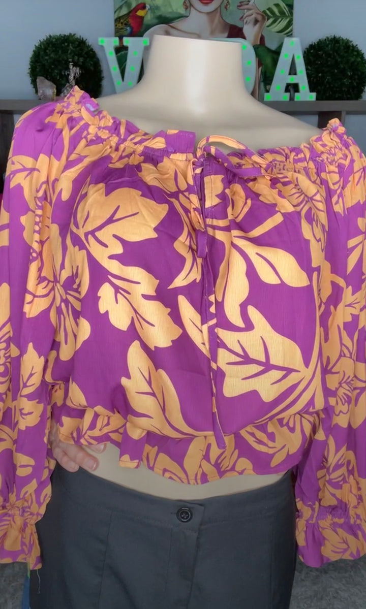 Blusa magenta y naranja tropical off shoulder (#223)