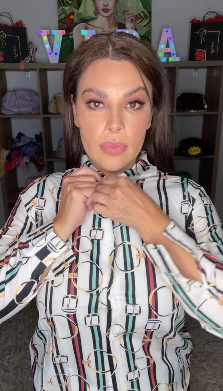Camisa Blanca Ralla Marron y Turqueza (#131)
