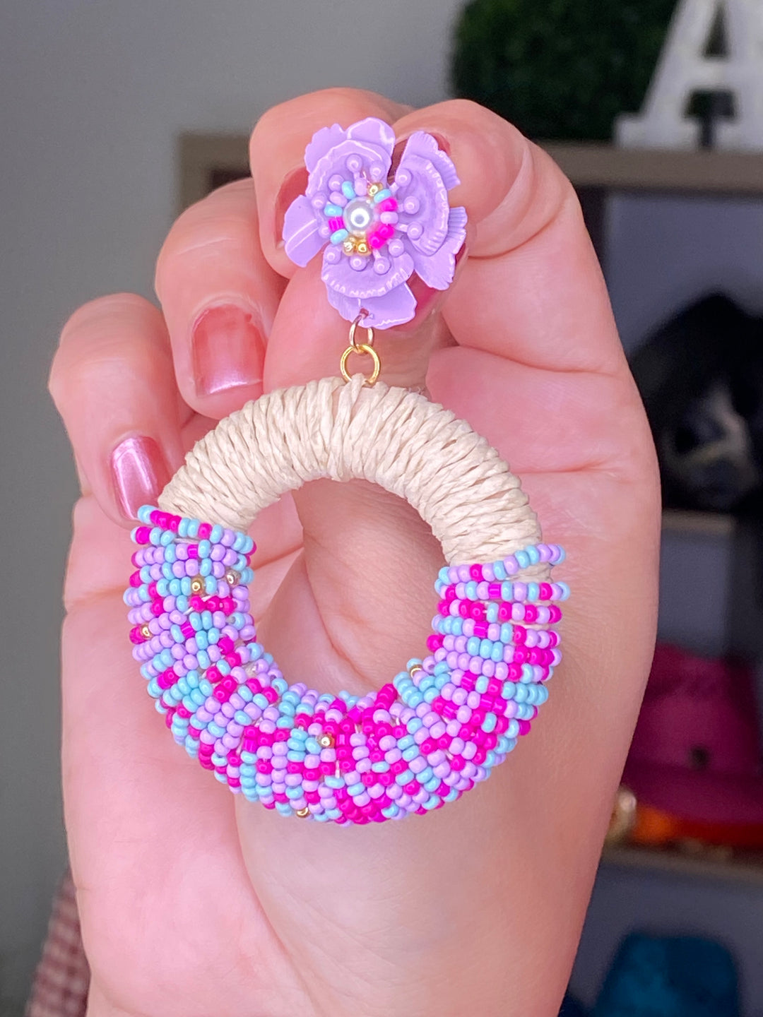 Arete Lila Rafia Circulo Flor Shakira (#311)