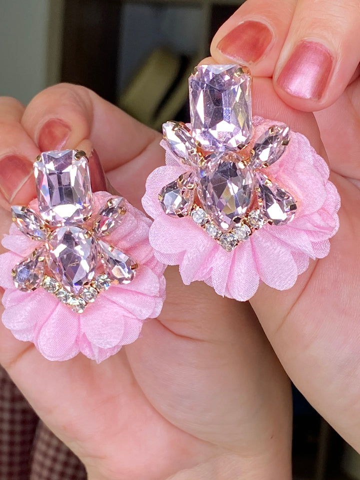Arete Rosa Pedreria Flor Tela (#149)
