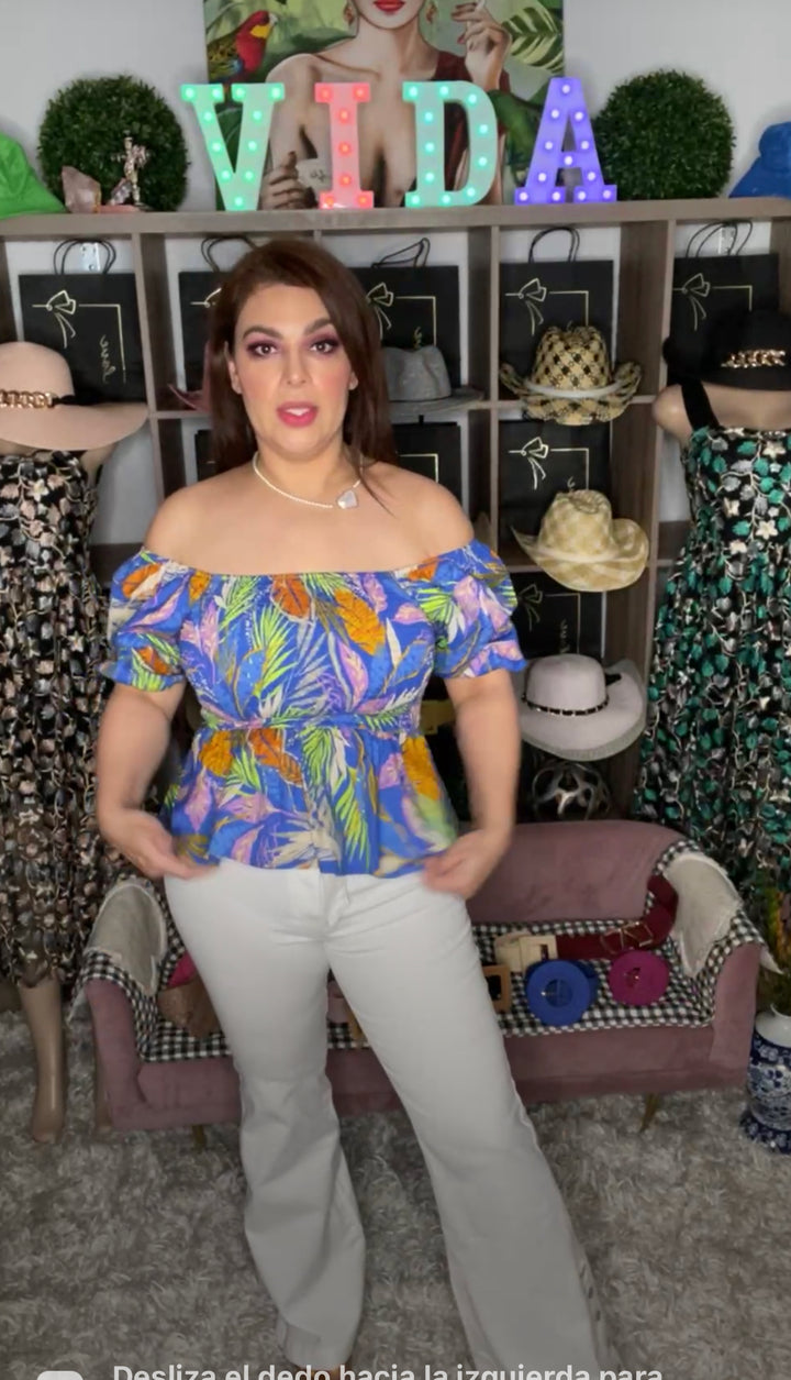Blusa Azul y Verde Neon Peplum Bustier Stretch (#105)