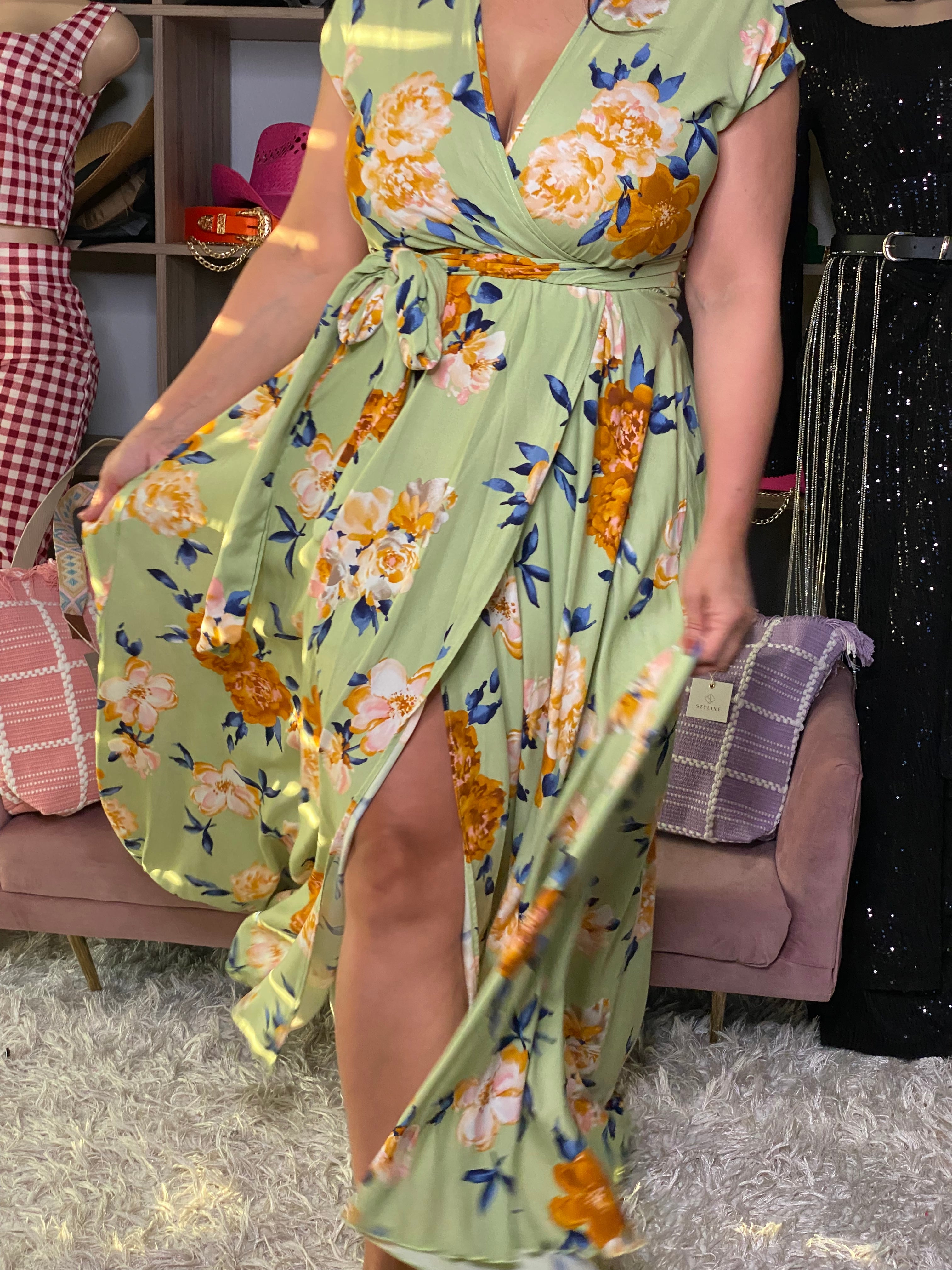 Vestido Verde Seco Floral Maxi 103
