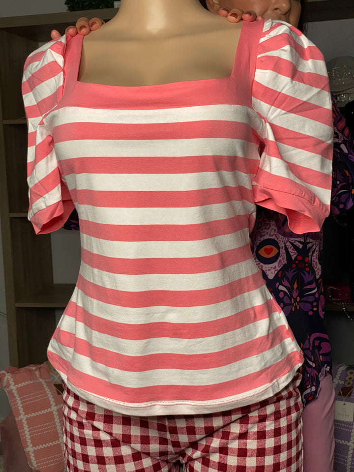 Blusa Rosa y Blanco Rallas Manga Burbuja Stretch (#146)