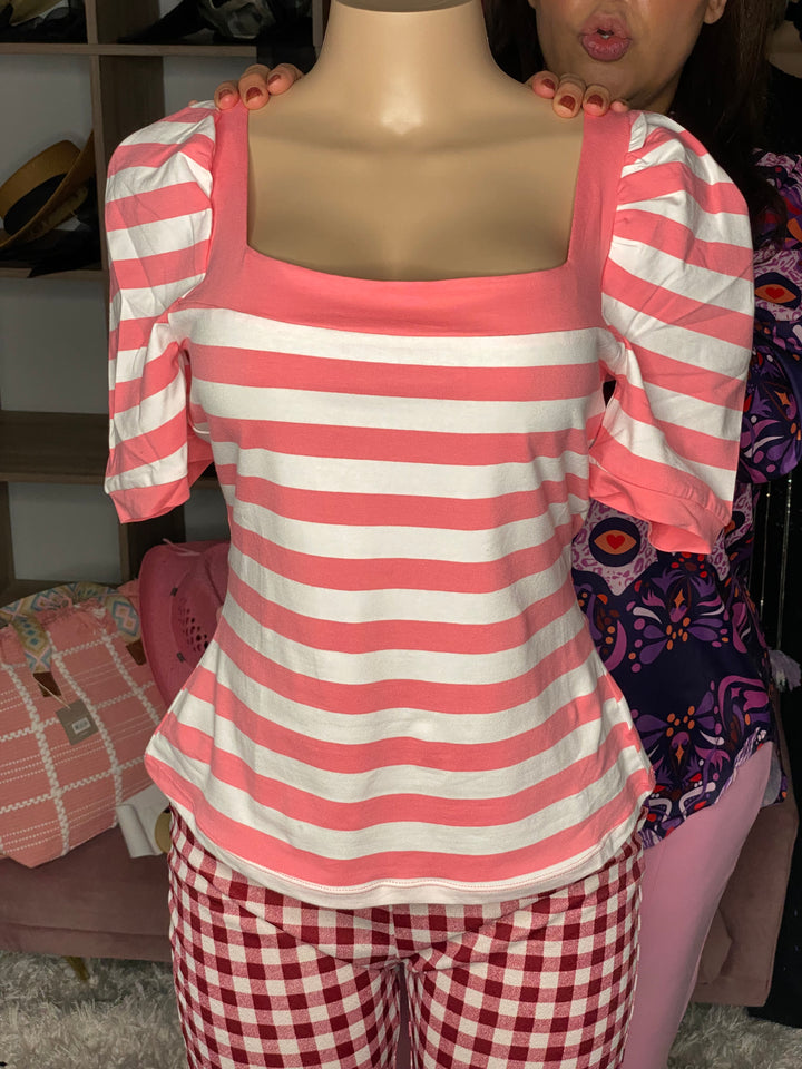 Blusa Rosa y Blanco Rallas Manga Burbuja Stretch (#146)