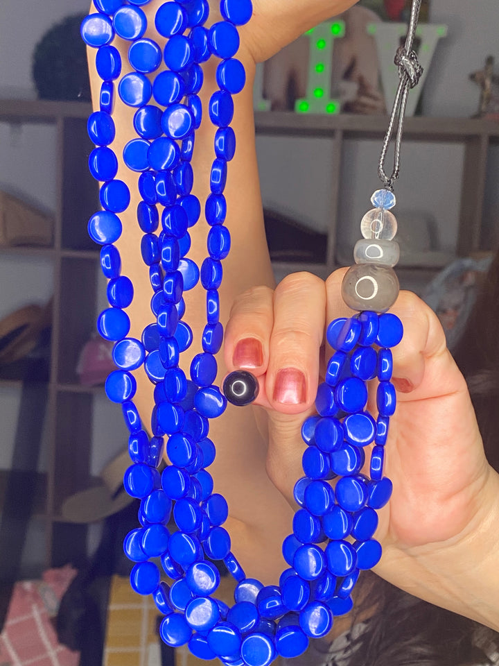 Collar Azul Piedra Piel Cierre Boton Set (#223)