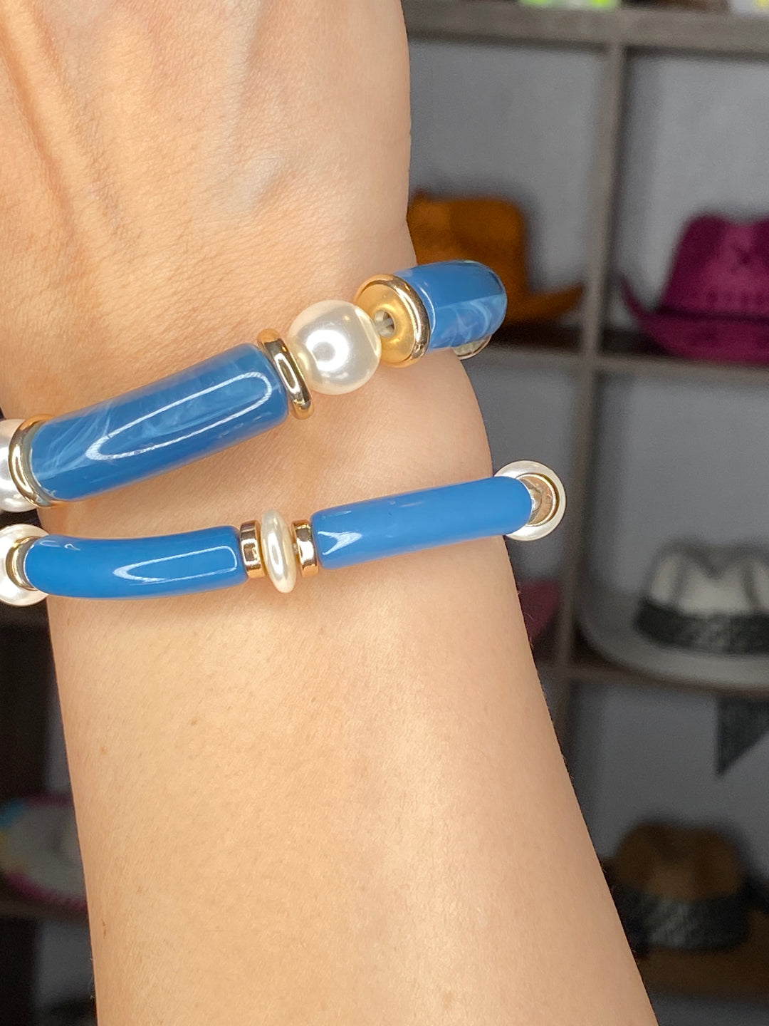 Pulsera Azul Perlas Doble (#225)