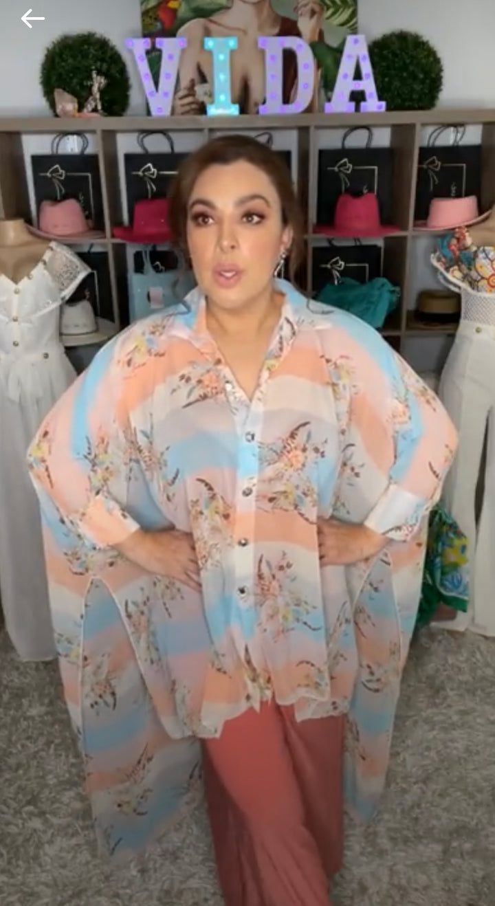 Blusa Durazno y Azul Flores Boton Cristalino (#138)