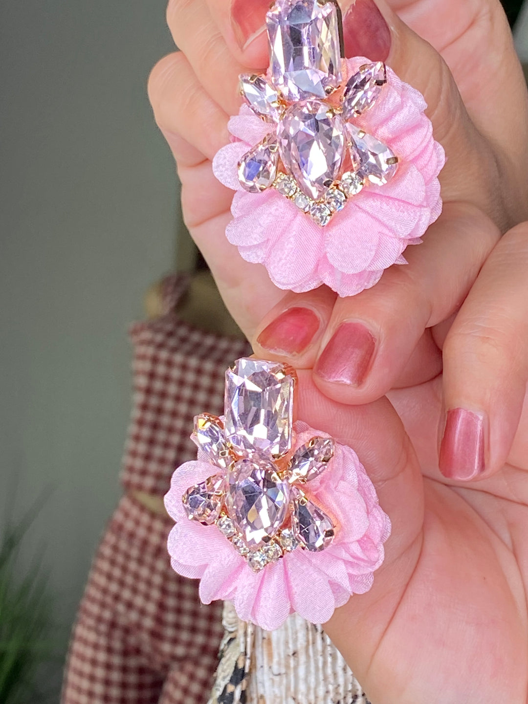 Arete Rosa Pedreria Flor Tela (#149)