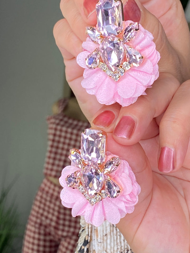 Arete Rosa Pedreria Flor Tela (#149)