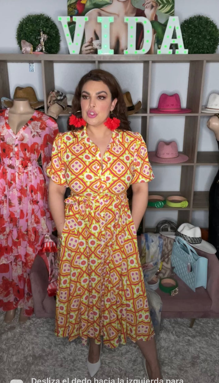 Vestido Lima Neon y Naranja Retro Midi (#257)
