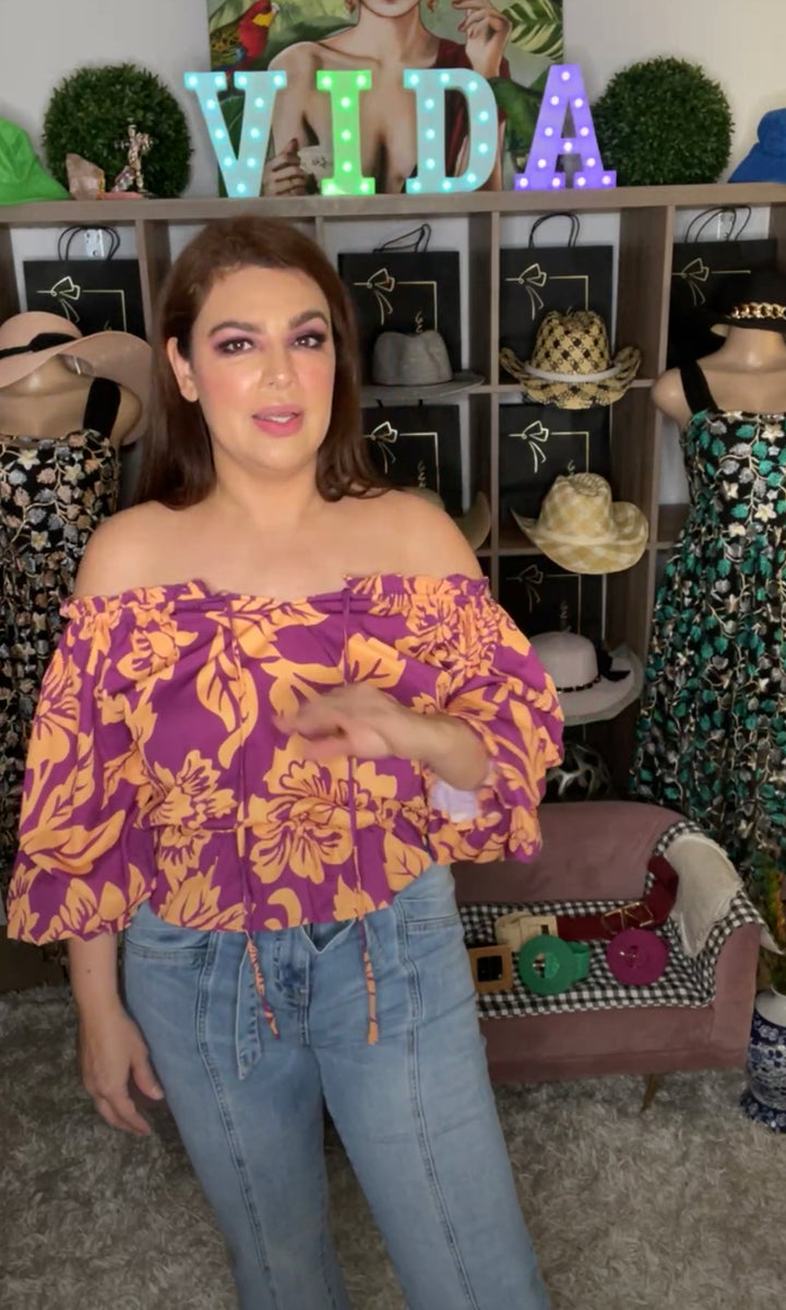 Blusa magenta y naranja tropical off shoulder (#223)