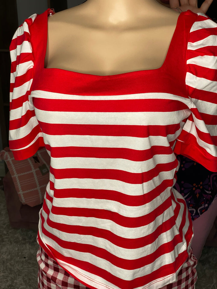 Blusa Roja y Blanca Rallas Manga Burbuja Stretch (#126)