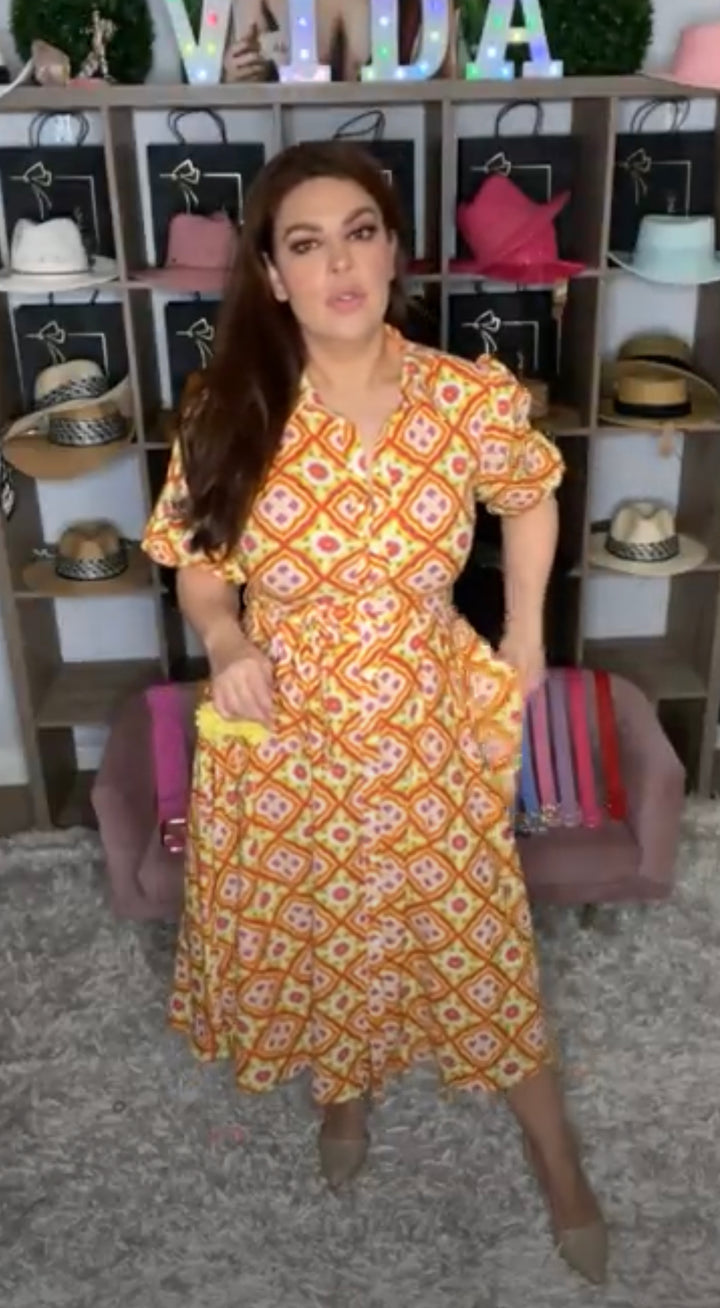 Vestido Lima Neon y Naranja Retro Midi (#257)